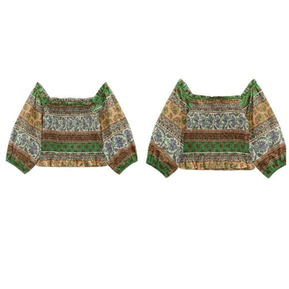 ZARA printed top  Ruffled straight neck Crop smocked 3503/771 linen blend  SS22 - Picture 2 of 3